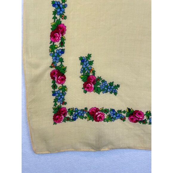 Vintage Wool Scarf Yellow Pink Blue Floral Border Japan 60s 70s - Picture 2 of 6